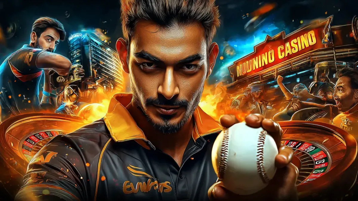 একজন তীব্র ক্রিকেট খেলোয়াড় ক্রিকেট বলটি ধরে একটি সমন্বিত ছবিতে উপস্থিত, যেখানে একটি ক্রীড়া স্টেডিয়াম এবং winbid গেমিং প্ল্যাটফর্মের উজ্জ্বল নিয়ন আলো মিলে এক জ্বলন্ত পরিবেশ তৈরি করেছে।