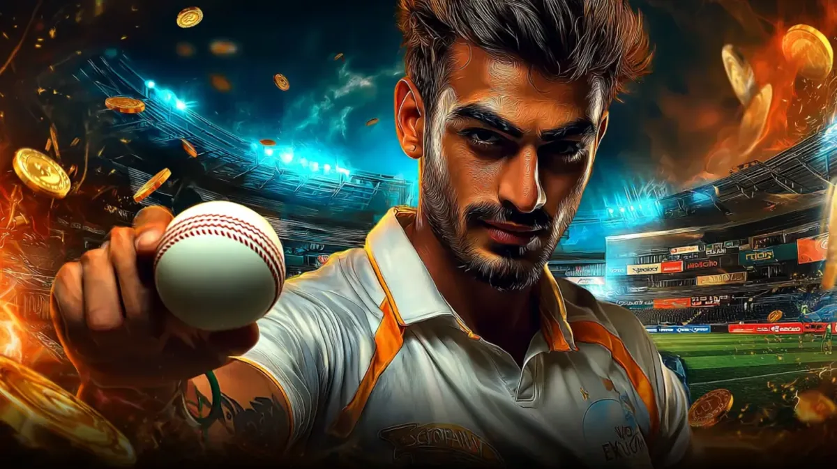 winbid-এ ক্রিকেট-গেমিং-এ উত্তেজনাপূর্ণ জগৎ প্রচারের জন্য মনোযোগী ও তীব্র-উদ্দীপনায় পুরুষ ক্রিকেট খেলোয়াড় ভরপুর স্টেডিয়ামে একটি ক্রিকেট বল উঁচু করে ধরেছেন। স্বর্ণালী কয়েন ও আগুন-প্রভাব নাটককে আরও ড্রামাটিক করে তোলে।